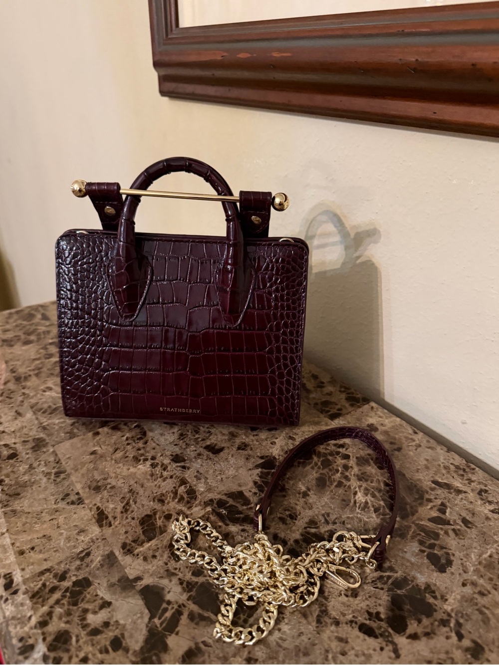 Strathberry Nano Tote in Deep Burgundy Croc.